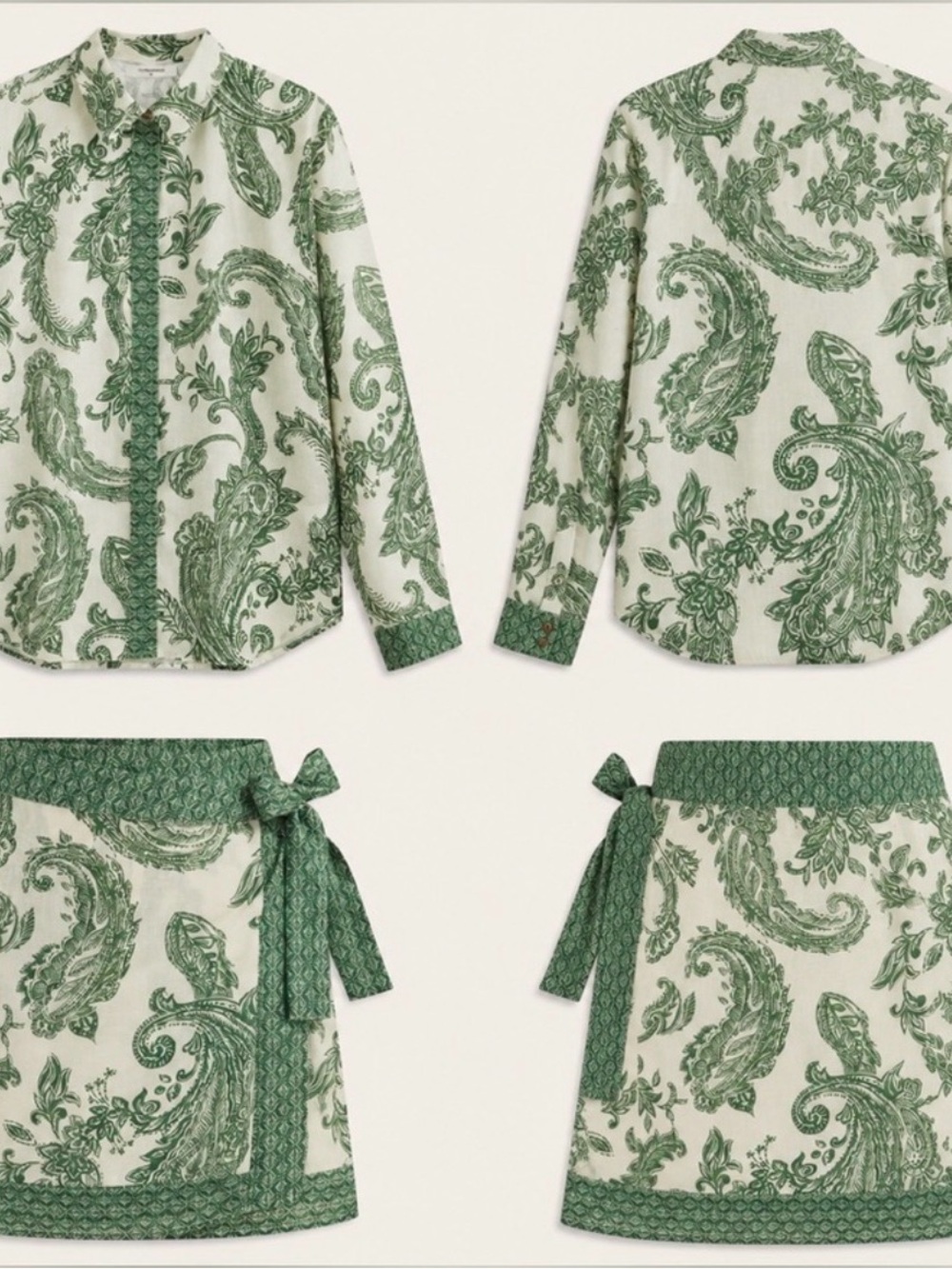 BNWT Commense Green & Cream Paisley Two-Piece Shirt & Skirt Set